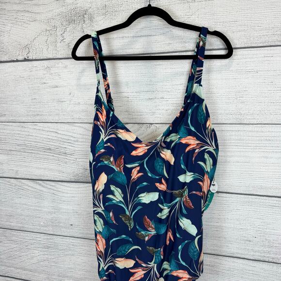 Mynah Plus Size Navy Lush Leaf Printed One Piece Swimsuit Size 24W - Picture 2 of 10